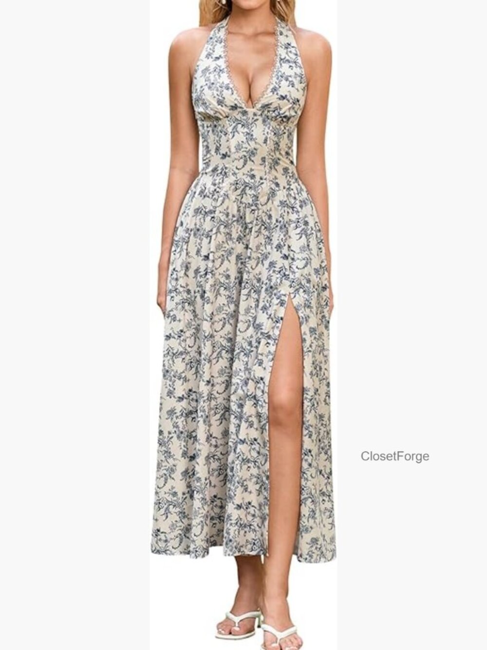Floral Halter Corset Midi Dress Flowy V Neck Slit Sundress